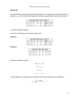 Problemas resueltos de programación lineal
97
Ejercicio 21
La siguiente tabla del simplex muestra la solución óptima de un problema de programación lineal. Se
sabe que S1 y S2 son las variables de holgura de la primera y segundad restricción respectivamente.
Z X1 X2 S1 S2
Z 1 0 0 - 1 - 0,125 - 7,5
X1 0 1 0 0,5 - 0,188 2,75
X2 0 0 1 0 0,125 0,5
1. Formule el problema original
A partir de la tabla óptima reconstruya la tabla inicial:
Iteración 1
Z X1 X2 S1 S2
Z 1 2 0 0 - 0,503 - 2
S1 0 2 0 1 - 0,377 5,5
X2 0 0 1 0 0,125 0,5
Iteración 2
Z X1 X2 S1 S2
Z 1 2 4 0 0 0
S1 0 2 3 1 0 7
S2 0 0 8 0 1 4
De donde el problema original:
 
0X0X
4X8
7X3X2
X4X2Min
21
2
21
21




2. Como afectará a la tabla óptima la introducción de una nueva variable X3 con coeficientes







5,1
5,1
A 3X
y coste 1C 3X  .
 