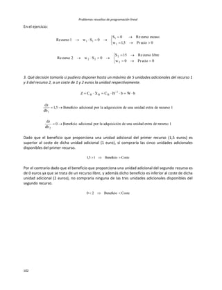 Problemas resueltos de programación lineal
102
En el ejercicio:












0ecioPr0w
librecursoRe15S
0Sw2cursoRe
0ecioPr5,1w
escasocursoRe0S
0Sw1cursoRe
2
2
22
1
1
11
3. Qué decisión tomaría si pudiera disponer hasta un máximo de 5 unidades adicionales del recurso 1
y 3 del recurso 2, a un coste de 1 y 2 euros la unidad respectivamente.
1recursodeextraunidadunadenadquisiciólaporadicionalBeneficio5,1
db
dz
bWbBCXCZ
1
1
BBB

 
1recursodeextraunidadunadenadquisiciólaporadicionalBeneficio0
db
dz
2

Dado que el beneficio que proporciona una unidad adicional del primer recurso (1,5 euros) es
superior al coste de dicha unidad adicional (1 euro), sí compraría las cinco unidades adicionales
disponibles del primer recurso.
CosteBeneficio15,1 
Por el contrario dado que el beneficio que proporciona una unidad adicional del segundo recurso es
de 0 euros ya que se trata de un recurso libre, y además dicho beneficio es inferior al coste de dicha
unidad adicional (2 euros), no compraría ninguna de las tres unidades adicionales disponibles del
segundo recurso.
CosteBeneficio20 
 