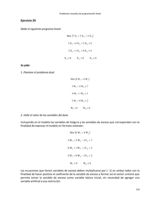 Problemas resueltos de programación lineal
119
Ejercicio 29
Dado el siguiente programa lineal:
 
0X0X0X
4X0X1X2
6X2X0X3
X2X3X7Max
321
321
321
321




Se pide:
1. Plantear el problema dual.
 
0W0W
2W0W2
3W1W0
7W2W3
W4W6Min
21
21
21
21
21





2. Halle el valor de las variables del dual.
Incluyendo en el modelo las variables de holgura y las variables de exceso que correspondan con la
finalidad de expresar el modelo en formato estándar:
 
0W0W
2E1W0W2
3E1W1W0
7E1W2W3
W4W6Min
21
321
221
121
21





Las ecuaciones que tienen variables de exceso deben multiplicarse por (- 1) en ambos lados con la
finalidad de hacer positivo el coeficiente de la variable de exceso y formar así el vector unitario que
permita tomar la variable de exceso como variable básica inicial, sin necesidad de agregar una
variable artificial a esa restricción.
 