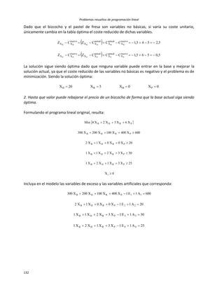 Problemas resueltos de programación lineal
132
Dado que el bizcocho y el pastel de fresa son variables no básicas, si varía su coste unitario,
únicamente cambia en la tabla óptima el coste reducido de dichas variables.
 
  5,0565,1CCCZCZ
5,2545,1CCCZCZ
nuevo
X
actual
X
actual
XX
nuevo
XX
nuevo
X
actual
X
actual
XX
nuevo
XX
PPPPPP
BBBBBB


La solución sigue siendo óptima dado que ninguna variable puede entrar en la base y mejorar la
solución actual, ya que el coste reducido de las variables no básicas es negativo y el problema es de
minimización. Siendo la solución óptima:
0X0X5X20X PBRH 
2. Hasta que valor puede rebajarse el precio de un bizcocho de forma que la base actual siga siendo
óptima.
Formulando el programa lineal original, resulta:
 
0X
25X3X1X2X1
30X3X2X1X1
20X0X0X1X2
600X400X100X200X300
X6X3X2X4Min
i
PRHB
PRHB
PRHB
PRHB
PRHB






Incluya en el modelo las variables de exceso y las variables artificiales que corresponda:
20A1E1X0X0X1X2
600A1E1X400X100X200X300
22PRHB
11PRHB


25A1E1X3X1X2X1
30A1E1X3X2X1X1
44PRHB
33PRHB


 