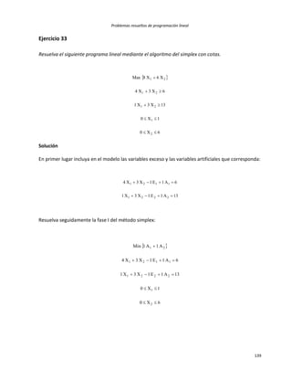 Problemas resueltos de programación lineal
139
Ejercicio 33
Resuelva el siguiente programa lineal mediante el algoritmo del simplex con cotas.
 
6X0
1X0
13X3X1
6X3X4
X6X8Max
2
1
21
21
21





Solución
En primer lugar incluya en el modelo las variables exceso y las variables artificiales que corresponda:
13A1E1X3X1
6A1E1X3X4
2221
1121


Resuelva seguidamente la fase I del método simplex:
 
6X0
1X0
13A1E1X3X1
6A1E1X3X4
A1A1Min
2
1
2221
1121
21





 