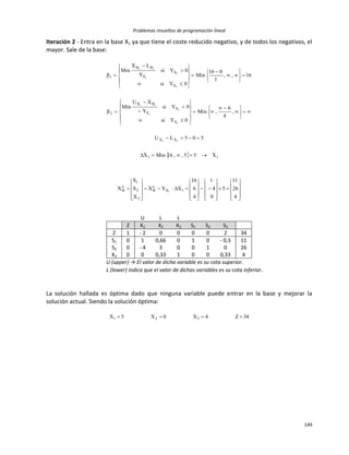 Problemas resueltos de programación lineal
149
Iteración 2 - Entra en la base X1 ya que tiene el coste reducido negativo, y de todos los negativos, el
mayor. Sale de la base:
  11
XX
X
X
X
BB
2
X
X
X
BB
1
X55,,16MinX
505LU
,
4
6
,Min
0Ysi
0Ysi
Y
XU
Min
16,,
1
016
Min
0Ysi
0Ysi
Y
LX
Min
11
1
1
1
ii
1
1
1
ii































































































4
26
11
5
0
4
1
4
6
16
XYX
X
S
S
X 1X
a
B
3
2
1
n
B 1
U L L
Z X1 X2 X3 S1 S2 S3
Z 1 - 2 0 0 0 0 2 34
S1 0 1 0,66 0 1 0 - 0,3 11
S2 0 - 4 3 0 0 1 0 26
X3 0 0 0,33 1 0 0 0,33 4
U (upper) → El valor de dicha variable es su cota superior.
L (lower) indica que el valor de dichas variables es su cota inferior.
La solución hallada es óptima dado que ninguna variable puede entrar en la base y mejorar la
solución actual. Siendo la solución óptima:
34Z4X0X5X 321 
 