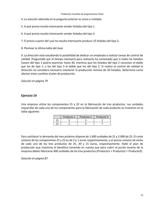 Problemas resueltos de programación lineal
13
4. La solución obtenida en la pregunta anterior es única o múltiple.
5. A qué precio resulta interesante vender helados del tipo 1.
6. A qué precio resulta interesante vender helados del tipo 3.
7. El precio a partir del cual no resulta interesante producir 25 helados del tipo 2.
8. Plantear la última tabla del dual.
9. La dirección está estudiando la posibilidad de dedicar un empleado a realizar tareas de control de
calidad. Preguntado por el tiempo necesario para realizarlo ha contestado que si todos los helados
fuesen del tipo 1 podría examinar hasta 30, mientras que los helados del tipo 2 necesitan el doble
que los de tipo 1, y los del tipo 3 el doble que los del tipo 2. Si realiza el control de calidad la
dirección no considera necesario mantener la producción mínima de 20 helados. Determine como
afectan estos cambios al plan de producción.
Solución en página 79
Ejercicio 19
Una empresa utiliza los componentes Z1 y Z2 en la fabricación de tres productos. Las unidades
requeridas de cada uno de los componentes para la fabricación de cada producto se muestran en la
tabla siguiente:
Producto 1 Producto 2 Producto 3
Z1 5 3 2
Z2 2 4 7
Para satisfacer la demanda del mes próximo dispone de 1.600 unidades de Z1 y 2.000 de Z2. El coste
unitario de los componentes Z1 y Z2 es de 2 y 1 euros respectivamente, y el precio unitario de venta
de cada uno de los tres productos de 25, 20 y 15 euros, respectivamente. Halle el plan de
producción que maximiza el beneficio teniendo en cuenta que para cubrir el punto muerto de la
empresa deben fabricarse 400 unidades de los tres productos (Producto1 + Producto2 + Producto3).
Solución en página 87
 