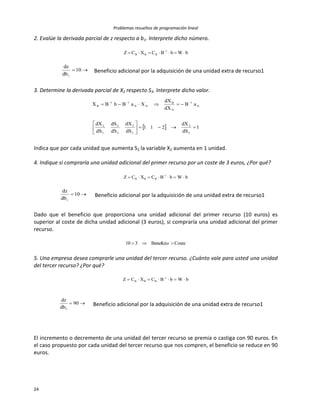 Problemas resueltos de programación lineal
24
2. Evalúe la derivada parcial de z respecto a b1. Interprete dicho número.
bWbBCXCZ 1
BBB  
10
db
dz
1
Beneficio adicional por la adquisición de una unidad extra de recurso1
3. Determine la derivada parcial de X2 respecto S3. Interprete dicho valor.
Indica que por cada unidad que aumenta S3 la variable X2 aumenta en 1 unidad.
4. Indique si compraría una unidad adicional del primer recurso por un coste de 3 euros, ¿Por qué?
bWbBCXCZ 1
BBB  
10
db
dz
1
Beneficio adicional por la adquisición de una unidad extra de recurso1
Dado que el beneficio que proporciona una unidad adicional del primer recurso (10 euros) es
superior al coste de dicha unidad adicional (3 euros), si compraría una unidad adicional del primer
recurso.
CosteBeneficio310 
5. Una empresa desea comprarle una unidad del tercer recurso. ¿Cuánto vale para usted una unidad
del tercer recurso? ¿Por qué?
bWbBCXCZ 1
BBB  
 90
db
dz
3
Beneficio adicional por la adquisición de una unidad extra de recurso1
El incremento o decremento de una unidad del tercer recurso se premia o castiga con 90 euros. En
el caso propuesto por cada unidad del tercer recurso que nos compren, el beneficio se reduce en 90
euros.
  1
dS
dX
211
dS
dX
dS
dS
dS
dX
aB
dX
dX
XaBbBX
3
2
3
3
3
2
3
2
N
1
N
B
NN
11
B






 
 