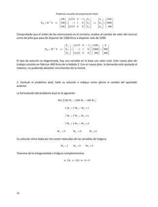 Problemas resueltos de programación lineal
28
























































 
400
2000
1500
b
b
b
b
b
b
00333,0
011
10333,0
500
500
100
bBX
3
2
1
3
2
1
1
B
Comprobado que el orden de las restricciones es el correcto, analice el cambio de valor del recurso
zumo de piña que pasa de disponer de 1500 litros a disponer solo de 1200.













































 
400
800
0
400
2000
1200
00333,0
011
10333,0
X
S
E
bBX
2
2
1
1
B
El tipo de solución es degenerada, hay una variable en la base con valor nulo. Este nuevo plan de
trabajo consiste en fabricar 400 litros de la bebida 2. Con el nuevo plan, la demanda está ajustada al
máximo, no pudiendo absorber incrementos de la misma.
2. Formule el problema dual, halle su solución e indique como afecta el cambio del apartado
anterior.
La formulación del problema dual es la siguiente:
 
0W0W0W
4WW4W3
6WW3W3
5WW2W6
W400W2000W1500Min
321
321
321
321
321





Su solución viene dada por los costes reducidos de las variables de holgura:
0W0W2W 321 
Teorema de la ortogonalidad u holgura complementaria:
  0SwbxAw 
 