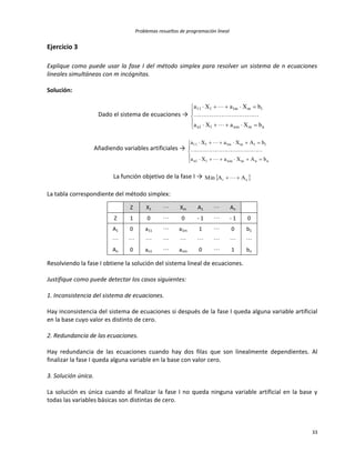 Problemas resueltos de programación lineal
33
Ejercicio 3
Explique como puede usar la fase I del método simplex para resolver un sistema de n ecuaciones
lineales simultáneas con m incógnitas.
Solución:
Dado el sistema de ecuaciones →







nmnm11n
1mm1111
bXaXa
bXaXa



Añadiendo variables artificiales →







nnmnm11n
11mm1111
bAXaXa
bAXaXa



La función objetivo de la fase I →  n1 AAMin  
La tabla correspondiente del método simplex:
Z X1 ⋯ Xm A1 ⋯ An
Z 1 0 ⋯ 0 - 1 ⋯ - 1 0
A1 0 a11 ⋯ a1m 1 ⋯ 0 b1
⋯ ⋯ ⋯ ⋯ ⋯ ⋯ ⋯ ⋯ ⋯
An 0 an1 ⋯ anm 0 ⋯ 1 bn
Resolviendo la fase I obtiene la solución del sistema lineal de ecuaciones.
Justifique como puede detectar los casos siguientes:
1. Inconsistencia del sistema de ecuaciones.
Hay inconsistencia del sistema de ecuaciones si después de la fase I queda alguna variable artificial
en la base cuyo valor es distinto de cero.
2. Redundancia de las ecuaciones.
Hay redundancia de las ecuaciones cuando hay dos filas que son linealmente dependientes. Al
finalizar la fase I queda alguna variable en la base con valor cero.
3. Solución única.
La solución es única cuando al finalizar la fase I no queda ninguna variable artificial en la base y
todas las variables básicas son distintas de cero.
 