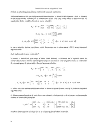 Problemas resueltos de programación lineal
40
2. Halle la solución que se obtiene si elimina la segunda restricción.
Si elimina la restricción que obliga a emitir como mínimo 26 anuncios en el primer canal, el número
de anuncios mínimo a emitir por el primer canal es de cero tal y como indica la restricción de no
negatividad de las variables. Siendo la nueva solución:
 
     0023,005,0003,0
100
0115
003,0
103,0
7,00CZ
33,23
33,33
33,20
7,00XCZ
X
E
33,33
33,20
13
1000
003,0
103,0
bBX
jj
BB
2
21
B












 































 
 
La nueva solución óptima consiste en emitir 0 anuncios por el primer canal y 33,33 anuncios por el
segundo canal.
3. ¿Y si elimina la tercera restricción?
Si elimina la restricción que obliga a emitir como mínimo 13 anuncios en el segundo canal, el
número de anuncios mínimo a emitir por el segundo canal es de cero tal y como indica la restricción
de no negatividad de las variables. Siendo la nueva solución:
 
     05,0023,000007,03,0
1001
013015
10
5,003,0
3,07,0CZ
03,22
26
33,20
3,07,0XCZ
X
X
26
33,20
26
1000
10
5,003,0
bBX
jj
BB
1
21
B












 































 
 
La nueva solución óptima consiste en emitir 26 anuncios por el primer canal y 20,33 anuncios por el
segundo canal.
4. Si la empresa dispusiese de más dinero para invertir, ¿lo invertiría en la primera o en la segunda
cadena de televisión? ¿Por qué?

































 













 
2
1
2
1
11
1
B
X
X
E
b03,033,20
26
b03,033,7
13
26
b1000
05,003,0
010
15,003,0
bBX
Invertiría en el segundo canal ya que es el único al que le afecta la inversión.
 