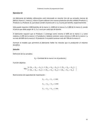 Problemas resueltos de programación lineal
65
Ejercicio 12
Un fabricante de bebidas refrescantes está interesado en mezclar tres de sus actuales marcas de
fábrica (marca 1, marca 2, marca 3) para obtener tres nuevos productos de alta calidad (Producto 1,
Producto 2 y Producto 3), que desea vender al precio de 4, 3 y 2 euros por botella, respectivamente.
Sólo puede importar 2.000 botellas de la marca 1, 4.000 de la marca 2 y 1.000 de la marca 3, siendo
el precio que debe pagar de 3, 2 y 1 euro por cada tipo de botella.
El fabricante requiere que el Producto 1 contenga como mínimo el 80% de la marca 1 y como
máximo el 20% de la marca 3. El producto 2 deberá contener como mínimo el 20% de la marca 1 y
no más del 80% de la marca 3. El producto 3 no podrá contener más del 70% de la marca 3.
Formule el modelo que permitirá al fabricante hallar las mezclas que le producirán el máximo
beneficio.
Solución
Definición de las variables:
Xij = Cantidad de la marca i en el producto j
Función objetivo:
     
      







333231232221131211
332313322212312111
XXX1XXX2XXX3
XXX2XXX3XXX4
Máx
Restricciones de capacidad de importación:
000.1XXX
000.4XXX
000.2XXX
333231
232221
131211



 
