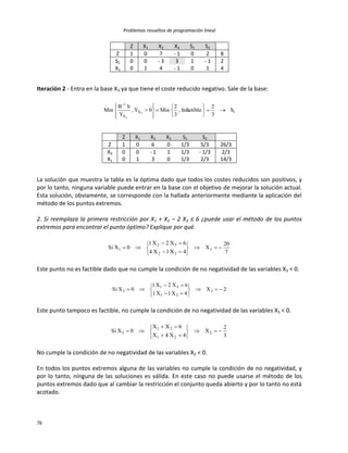 Problemas resueltos de programación lineal
76
Z X1 X2 X3 S1 S2
Z 1 0 7 - 1 0 2 8
S1 0 0 - 3 3 1 - 1 2
X1 0 1 4 - 1 0 1 4
Iteración 2 - Entra en la base X3 ya que tiene el coste reducido negativo. Sale de la base:
1X
X
1
S
3
2
Infactible,
3
2
Min0Y,
Y
bB
Min 3
3


















Z X1 X2 X3 S1 S2
Z 1 0 6 0 1/3 5/3 26/3
X3 0 0 - 1 1 1/3 - 1/3 2/3
X1 0 1 3 0 1/3 2/3 14/3
La solución que muestra la tabla es la óptima dado que todos los costes reducidos son positivos, y
por lo tanto, ninguna variable puede entrar en la base con el objetivo de mejorar la solución actual.
Esta solución, obviamente, se corresponde con la hallada anteriormente mediante la aplicación del
método de los puntos extremos.
2. Si reemplaza la primera restricción por X1 + X2 – 2 X3 ≤ 6 ¿puede usar el método de los puntos
extremos para encontrar el punto óptimo? Explique por qué.
7
20
X
4X1X4
6X2X1
0XSi 3
32
32
1 









Este punto no es factible dado que no cumple la condición de no negatividad de las variables X3 < 0.
2X
4X1X1
6X2X1
0XSi 3
31
31
2 









Este punto tampoco es factible, no cumple la condición de no negatividad de las variables X3 < 0.
3
2
X
4X4X
6XX
0XSi 2
21
21
3 









No cumple la condición de no negatividad de las variables X2 < 0.
En todos los puntos extremos alguna de las variables no cumple la condición de no negatividad, y
por lo tanto, ninguna de las soluciones es válida. En este caso no puede usarse el método de los
puntos extremos dado que al cambiar la restricción el conjunto queda abierto y por lo tanto no está
acotado.
 