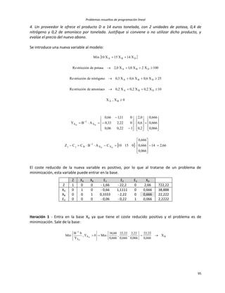 Problemas resueltos de programación lineal
95
4. Un proveedor le ofrece el producto D a 14 euros tonelada, con 2 unidades de potasa, 0,4 de
nitrógeno y 0,2 de amoníaco por tonelada. Justifique si conviene o no utilizar dicho producto, y
evalúe el precio del nuevo abono.
Se introduce una nueva variable al modelo:
 
0X,X
10X2,0X2,0X2,0amoníacodestricciónRe
25X6,0X6,0X3,0nitrógenodestricciónRe
100X2X0,1X0,2potasadestricciónRe
X14X15X10Min
BA
DBA
DBA
DBA
DBA





  66,214
066,0
666,0
666,0
01510CABCCZ
066,0
666,0
666,0
2,0
6,0
0,2
122,006,0
022,233,0
011,166,0
ABY
DD
DD
XX
1
Bjj
X
1
X


















































El coste reducido de la nueva variable es positivo, por lo que al tratarse de un problema de
minimización, esta variable puede entrar en la base.
Z XA XB E1 E2 E3 XD
Z 1 0 0 - 1,66 - 22,2 0 2,66 722,22
XA 0 1 0 - 0,66 1,1111 0 0,666 38,888
XB 0 0 1 0,3333 - 2,22 0 0,666 22,222
E3 0 0 0 - 0,06 - 0,22 1 0,066 2,2222
Iteración 1 - Entra en la base XD ya que tiene el coste reducido positivo y el problema es de
minimización. Sale de la base:
BX
X
1
X
666,0
22,22
066,0
22,2
,
666,0
22,22
,
666,0
88,38
Min0Y,
Y
bB
Min D
D


















 