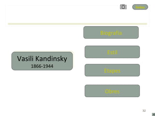 Índex




                   Biografia


                     Estil
Vasili Kandinsky
Vasili Kandinsky
    1866-1944
    1866-1944
                    Etapes


                    Obres


                                  32
 