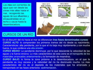 Los ríos son corrientes de
agua que van desde las
zonas más altas hasta el
mar, recogiendo las
aguas de sus afluentes y
encauzándolas en un
lecho o cauce hasta la
desembocadura.

CURSOS DE UN RÍO
En el discurrir del río hacia el mar se diferencian tres fases denominadas cursos:
CURSO ALTO: lo comprenden los primeros tramos del río desde su nacimiento.
Características: alta pendiente, por lo que el río baja muy rápidamente y con mucha
fuerza, lo que conlleva una alta erosión.
CURSO MEDIO: La pendiente disminuye, por lo que desciende la velocidad de las
aguas y la fuerza erosiva. Lo más característico de esta zona es el transporte de los
materiales arrancados anteriormente y la formación de meandros.
CURSO BAJO: lo forma la zona próxima a la desembocadura, en el que la
pendiente es muy escasa y la velocidad del río ha disminuido mucho. Lo mas
característico del río es el depósito de los materiales que ha arrancado y
transportado en las fases anteriores: sedimentación.

 