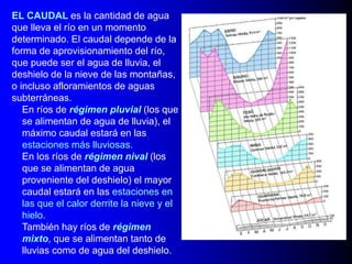 EL CAUDAL es la cantidad de agua
que lleva el río en un momento
determinado. El caudal depende de la
forma de aprovisionamiento del río,
que puede ser el agua de lluvia, el
deshielo de la nieve de las montañas,
o incluso afloramientos de aguas
subterráneas.
En ríos de régimen pluvial (los que
se alimentan de agua de lluvia), el
máximo caudal estará en las
estaciones más lluviosas.
En los ríos de régimen nival (los
que se alimentan de agua
proveniente del deshielo) el mayor
caudal estará en las estaciones en
las que el calor derrite la nieve y el
hielo.
También hay ríos de régimen
mixto, que se alimentan tanto de
lluvias como de agua del deshielo.

 