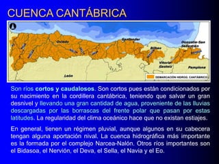 CUENCA CANTÁBRICA

Son ríos cortos y caudalosos. Son cortos pues están condicionados por
su nacimiento en la cordillera cantábrica, teniendo que salvar un gran
desnivel y llevando una gran cantidad de agua, proveniente de las lluvias
descargadas por las borrascas del frente polar que pasan por estas
latitudes. La regularidad del clima oceánico hace que no existan estiajes.
En general, tienen un régimen pluvial, aunque algunos en su cabecera
tengan alguna aportación nival. La cuenca hidrográfica más importante
es la formada por el complejo Narcea-Nalón. Otros ríos importantes son
el Bidasoa, el Nervión, el Deva, el Sella, el Navia y el Eo.

 