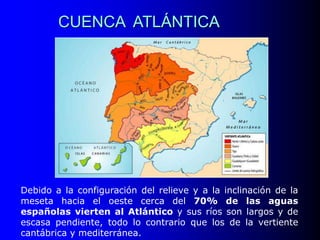 CUENCA ATLÁNTICA

Debido a la configuración del relieve y a la inclinación de la
meseta hacia el oeste cerca del 70% de las aguas
españolas vierten al Atlántico y sus ríos son largos y de
escasa pendiente, todo lo contrario que los de la vertiente
cantábrica y mediterránea.

 