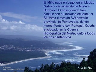El Miño nace en Lugo, en el Macizo
Galaico. discurriendo de Norte a
Sur hasta Orense, donde tras
confluir con su máximo afluente; el
Sil, toma dirección SW hasta la
provincia de Pontevedra, donde
marca frontera con Portugal. Queda
englobado en la Cuenca
Hidrográfica del Norte, junto a todos
los ríos cantábricos.

RÍO MIÑO

 