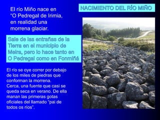 El río Miño nace en
“O Pedregal de Irimia,
en realidad una
morrena glaciar.

El río se oye correr por debajo
de los miles de piedras que
conforman la morrena.
Cerca, una fuente que casi se
queda seca en verano. De ella
manan las primeras gotas
oficiales del llamado “pai de
todos os ríos”.

 