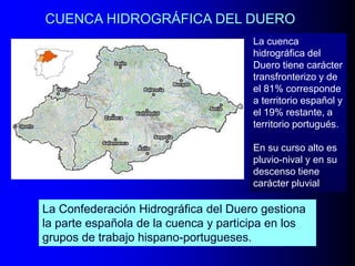 CUENCA HIDROGRÁFICA DEL DUERO
La cuenca
hidrográfica del
Duero tiene carácter
transfronterizo y de
el 81% corresponde
a territorio español y
el 19% restante, a
territorio portugués.
En su curso alto es
pluvio-nival y en su
descenso tiene
carácter pluvial

La Confederación Hidrográfica del Duero gestiona
la parte española de la cuenca y participa en los
grupos de trabajo hispano-portugueses.

 