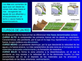 Los  ríos  son corrientes de agua que van desde las zonas más altas hasta el mar,  recogiendo las aguas de sus afluentes y encauzándolas en un lecho o cauce hasta la desembocadura.  En el discurrir del río hacia el mar se diferencian  tres fases denominadas cursos :  CURSO ALTO:   lo comprenden los primeros tramos del río desde su nacimiento. Características: alta pendiente, por lo que el río baja muy rápidamente y con mucha fuerza, lo que conlleva una  alta erosión.  CURSO MEDIO :  La pendiente disminuye ,  por lo que desciende la velocidad de las aguas y la fuerza erosiva. Lo más característico de esta zona es  el transporte de los materiales arrancados anteriormente  y la formación de meandros.  CURSO BAJO:   lo forma la zona próxima a la desembocadura, en el que la pendiente es muy escasa y la velocidad del río ha disminuido mucho. Lo mas característico del río es el depósito de los materiales que ha arrancado y transportado en las fases anteriores:  sedimentación .   CURSOS DE UN RÍO 