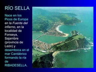 RÍO SELLA Nace en los Picos de Europa  en la  Fuente del infierno , en la localidad de Fonseya, Sajambre (provincia de León) y  desemboca en el mar Cantábrico formando la ría de RIBADESELLA.  