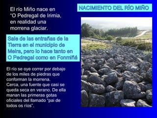 El río se oye correr por debajo de los miles de piedras que conforman la morrena.  Cerca, una fuente que casi se queda seca en verano. De ella manan las primeras gotas oficiales del llamado “pai de todos os ríos”. El río Miño nace en  “ O Pedregal de Irimia, en realidad una morrena glaciar.  