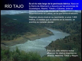 RÍO TAJO Es el río más largo de la península ibérica.  Nace en la Sierra de Albarracín y discurre por las provincias de Guadalajara, Madrid, Toledo y Cáceres. entre el Sistema Central y los Montes de Toledo, desembocando en Lisboa, en la que forma el estuario.   Régimen pluvio-nival en su nacimiento, a unos 1.800 metros. A medida que se adentra en la meseta, se acentúa su carácter pluvial. Solo a la orilla derecha recibe afluentes de relativa importancia: Jarama, Alberche, Tiétar y Alagón.  