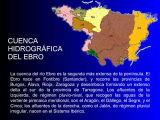 CUENCA HIDROGRÁFICA DEL EBRO La cuenca del río Ebro es la segunda más extensa de la península. El Ebro nace en Fontibre (Santander), y recorre las provincias de Burgos, Álava, Rioja, Zaragoza y desemboca formando un extenso delta al sur de la provincia de Tarragona. Los afluentes de la izquierda, de régimen pluvio-nival, que recogen las aguas de la vertiente pirenaica meridional, son el Aragón, el Gállego, el Segre, y el Cinca; los afluentes de la derecha, como el Jalón, de régimen pluvial irregular, nacen en el Sistema Ibérico. 