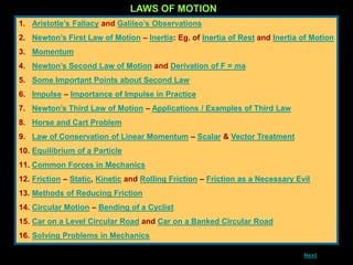 LAWS OF MOTION
1. Aristotle’s Fallacy and Galileo’s Observations
2. Newton’s First Law of Motion – Inertia: Eg. of Inertia of Rest and Inertia of Motion
3. Momentum
4. Newton’s Second Law of Motion and Derivation of F = ma
5. Some Important Points about Second Law
6. Impulse – Importance of Impulse in Practice
7. Newton’s Third Law of Motion – Applications / Examples of Third Law
8. Horse and Cart Problem
9. Law of Conservation of Linear Momentum – Scalar & Vector Treatment
10. Equilibrium of a Particle
11. Common Forces in Mechanics
12. Friction – Static, Kinetic and Rolling Friction – Friction as a Necessary Evil
13. Methods of Reducing Friction
14. Circular Motion – Bending of a Cyclist
15. Car on a Level Circular Road and Car on a Banked Circular Road
16. Solving Problems in Mechanics
Next
 