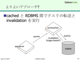 よりよいアプローチ?

   cached と RDBMS 間でクエリの転送と
    invalidation を実行
                                                somecached



                           queries                                queries
                                                  invalidation
                                               (trigger-based?)

              app server
                                                                   RDBMS



Sep 25 2009                  A Better Cached                                11
 