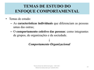 • Temas de estudo:
– As características individuais que diferenciam as pessoas
umas das outras;
– O comportamento coletivo das pessoas: como integrantes
de grupos, de organizações e da sociedade.
↓
Comportamento Organizacional
Teoria Geral da Administração - CAD 103 -
Material elaborado por Isabella Reis
14
TEMAS DE ESTUDO DO
ENFOQUE COMPORTAMENTAL
 