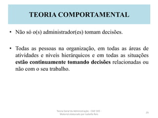 • Não só o(s) administrador(es) tomam decisões.
• Todas as pessoas na organização, em todas as áreas de
atividades e níveis hierárquicos e em todas as situações
estão continuamente tomando decisões relacionadas ou
não com o seu trabalho.
Teoria Geral da Administração - CAD 103 -
Material elaborado por Isabella Reis
29
TEORIA COMPORTAMENTAL
 