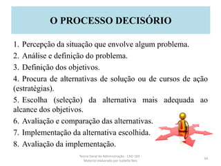 1. Percepção da situação que envolve algum problema.
2. Análise e definição do problema.
3. Definição dos objetivos.
4. Procura de alternativas de solução ou de cursos de ação
(estratégias).
5. Escolha (seleção) da alternativa mais adequada ao
alcance dos objetivos.
6. Avaliação e comparação das alternativas.
7. Implementação da alternativa escolhida.
8. Avaliação da implementação.
Teoria Geral da Administração - CAD 103 -
Material elaborado por Isabella Reis
34
O PROCESSO DECISÓRIO
 