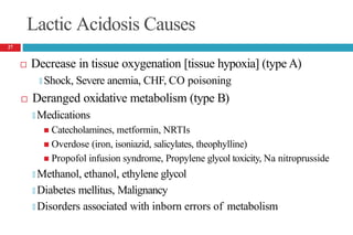Lactic Acidosis Causes
 Decrease in tissue oxygenation [tissue hypoxia] (type A)
🞑 Shock, Severe anemia, CHF, CO poisoning
 Deranged oxidative metabolism (type B)
🞑 Medications
 Catecholamines, metformin, NRTIs
 Overdose (iron, isoniazid, salicylates, theophylline)
 Propofol infusion syndrome, Propylene glycol toxicity, Na nitroprusside
🞑 Methanol, ethanol, ethylene glycol
🞑 Diabetes mellitus, Malignancy
🞑 Disorders associated with inborn errors of metabolism
27
 