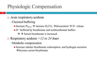 Physiologic Compensation
 Acute respiratoryacidosis
🞑 Chemical buffering
 Increase PaCO2  increase H2CO3 dissociation  H+ release
 H+ buffered by bicarbonate and nonbicarbonate buffers
  Serum bicarbonate is increased
 Respiratory acidosis >12 to 24 hours
🞑 Metabolic compensation
 Increase tubular bicarbonate reabsorption, and hydrogen secretion
Increase serum bicarbonate
54
 