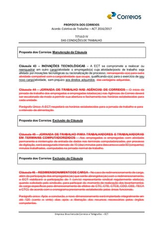 PROPOSTA DOS CORREIOS
Acordo Coletivo de Trabalho – ACT 2016/2017
TITULO IV
DAS CONDIÇÕES DE TRABALHO
Empresa BrasileiradeCorreios e Telégrafos – ECT
Proposta dos Correios:Manutenção da Cláusula
Cláusula 43 – INOVAÇÕES TECNOLÓGICAS – A ECT se compromete a realocar ou
reenquadrar em outro cargo/atividade o empregado(a) cuja atividade/posto de trabalho seja
afetado por inovações tecnológicas ou racionalização de processo, remanejando-o(a) para outra
atividade compatível com o cargo/atividade que ocupa, qualificando-o(a) para o exercício de seu
novo cargo/atividade, sem prejuízo aos direitos adquiridos. das vantagens adquiridas.
Cláusula 44 – JORNADA DE TRABALHO NAS AGÊNCIAS DE CORREIOS – O início da
jornada de trabalho dos empregados e empregadas lotados(as) nas Agências de Correio deverá
ser escalonado de modo a permitir sua abertura e fechamento nos horários estabelecidos para
cada unidade.
Parágrafo Único: A ECT respeitará os horários estabelecidos para a jornada de trabalho e para
o intervalo de alimentação.
Proposta dos Correios: Exclusão da Cláusula
Cláusula 45 – JORNADA DE TRABALHO PARA TRABALHADORES E TRABALHADORAS
EM TERMINAIS COMPUTADORIZADOS – Aos empregados e empregadas com atividade
permanente e ininterrupta de entrada de dados nos terminais computadorizados, por processo
de digitação, seráassegurado intervalo de 10 (dez)minutos para descansoa cada 50 (cinquenta)
minutos trabalhados, computados na jornada normal de trabalho.
Proposta dos Correios: Exclusão da Cláusula
Cláusula 46 – REDIMENSIONAMENTODE CARGA– No caso de redimensionamento de carga,
além da participação dos empregados(as) que serão abrangidos(as) com o redimensionamento,
a ECT viabilizará a participação de 1 (um/a) representante sindical regularmente eleito(a),
quando solicitado pelo sindicato, para participar do momento de realização dos levantamentos
de carga específicos para dimensionamento de efetivo de CTC, CTE, CTCE, CDD, CEE, TECA
e CTCI, de acordo com o cronograma previamente estabelecido pelas áreas funcionais.
Parágrafo único: Após a conclusão, o novo dimensionamento será implantado integralmente em
até 120 (cento e vinte) dias após a liberação dos recursos necessários pelos órgãos
competentes.
 