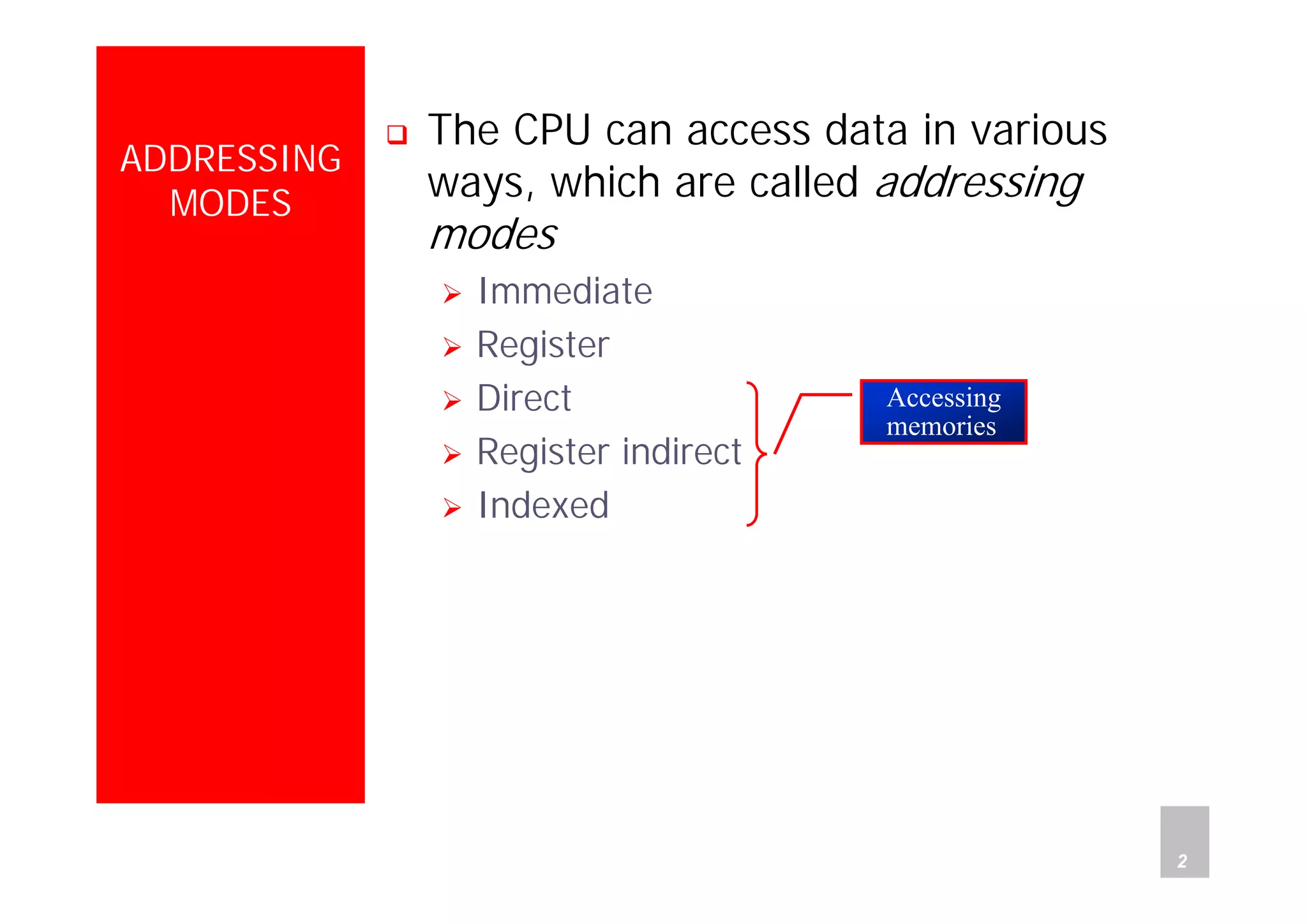 Department of Computer Science and Information Engineering
National Cheng Kung University, TAIWAN 2
HANEL
ADDRESSING
MODES
The CPU can access data in various
ways, which are called addressing
modes
Immediate
Register
Direct
Register indirect
Indexed
Accessing
memories
 
