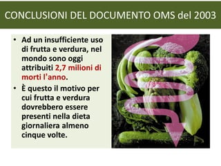 CONCLUSIONI DEL DOCUMENTO OMS del 2003
• Ad un insufficiente uso
di frutta e verdura, nel
mondo sono oggi
attribuiti 2,7 milioni di
morti l’anno.
• È questo il motivo per
cui frutta e verdura
dovrebbero essere
presenti nella dieta
giornaliera almeno
cinque volte.
 