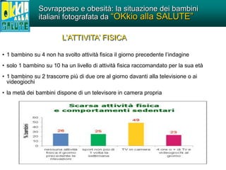• 1 bambino su 4 non ha svolto attività fisica il giorno precedente l’indagine
• solo 1 bambino su 10 ha un livello di attività fisica raccomandato per la sua età
• 1 bambino su 2 trascorre più di due ore al giorno davanti alla televisione o ai
videogiochi
• la metà dei bambini dispone di un televisore in camera propria
L’ATTIVITA’ FISICA
Sovrappeso e obesità: la situazione dei bambini
italiani fotografata da “OKkio alla SALUTE”
 