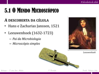 Capítulo
                      5                         A descoberta da célula


    5.1 O MUNDO MICROSCÓPICO
    A DESCOBERTA DA CÉLULA
    • Hans e Zacharias Janssen, 1521
    • Leeuwenhoek (1632-1723)
          – Pai da Microbiologia
          – Microscópio simples

                                                  Leeuwenhoek




Biologia – 1º ano Ens. Médio       1º Período     Profa. Rebeca Vale
 