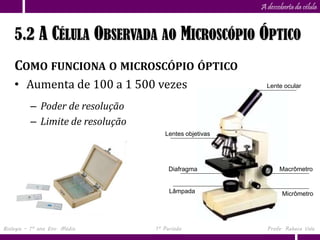 Capítulo
                      5                                 A descoberta da célula


    5.2 A CÉLULA OBSERVADA AO MICROSCÓPIO ÓPTICO
    COMO FUNCIONA O MICROSCÓPIO ÓPTICO
    • Aumenta de 100 a 1 500 vezes                        Lente ocular


          – Poder de resolução
          – Limite de resolução
                                     Lentes objetivas




                                       Diafragma               Macrômetro


                                       Lâmpada                  Micrômetro




Biologia – 1º ano Ens. Médio      1º Período              Profa. Rebeca Vale
 
