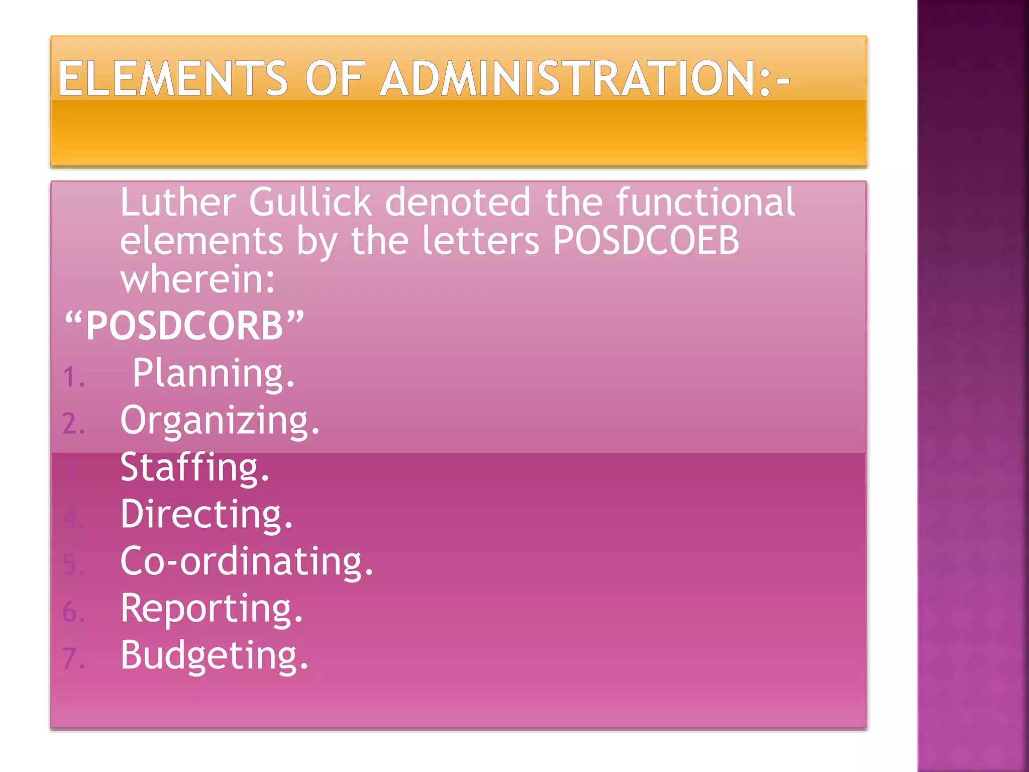 Luther Gullick denoted the functional
elements by the letters POSDCOEB
wherein:
“POSDCORB”
1. Planning.
2. Organizing.
3. Staffing.
4. Directing.
5. Co-ordinating.
6. Reporting.
7. Budgeting.
 