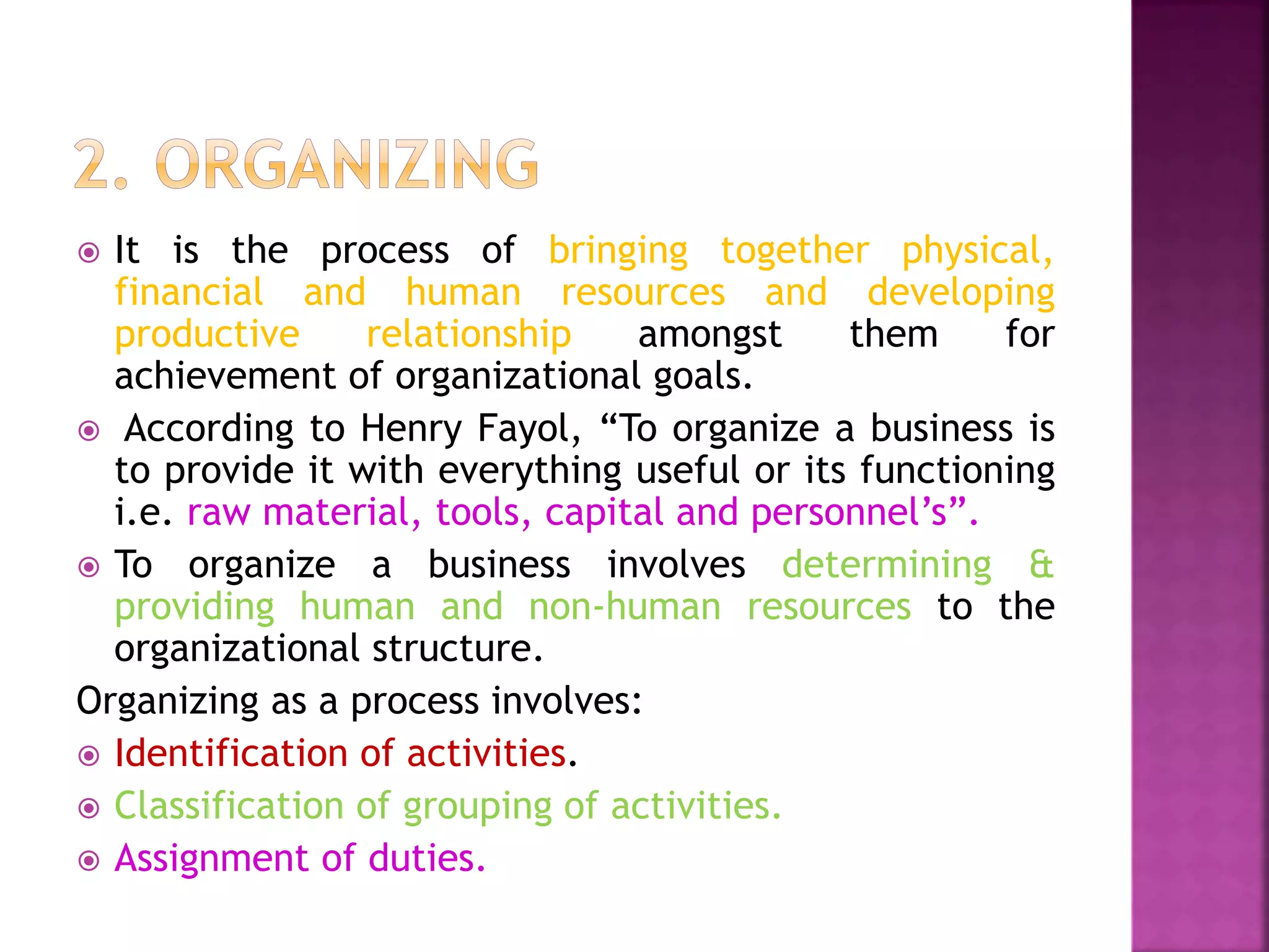  It is the process of bringing together physical,
financial and human resources and developing
productive relationship amongst them for
achievement of organizational goals.
 According to Henry Fayol, “To organize a business is
to provide it with everything useful or its functioning
i.e. raw material, tools, capital and personnel’s”.
 To organize a business involves determining &
providing human and non-human resources to the
organizational structure.
Organizing as a process involves:
 Identification of activities.
 Classification of grouping of activities.
 Assignment of duties.
 