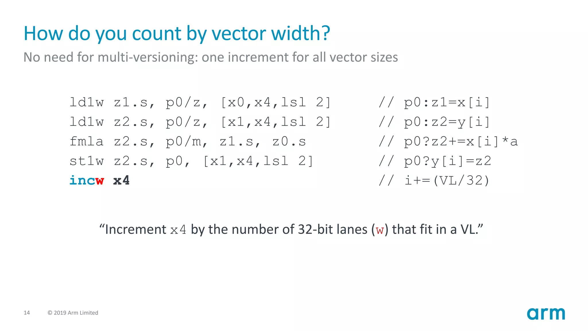14 © 2019 Arm Limited
How do you count by vector width?
No need for multi-versioning: one increment for all vector sizes
ld1w z1.s, p0/z, [x0,x4,lsl 2] // p0:z1=x[i]
ld1w z2.s, p0/z, [x1,x4,lsl 2] // p0:z2=y[i]
fmla z2.s, p0/m, z1.s, z0.s // p0?z2+=x[i]*a
st1w z2.s, p0, [x1,x4,lsl 2] // p0?y[i]=z2
incw x4 // i+=(VL/32)
“Increment x4 by the number of 32-bit lanes (w) that fit in a VL.”
 