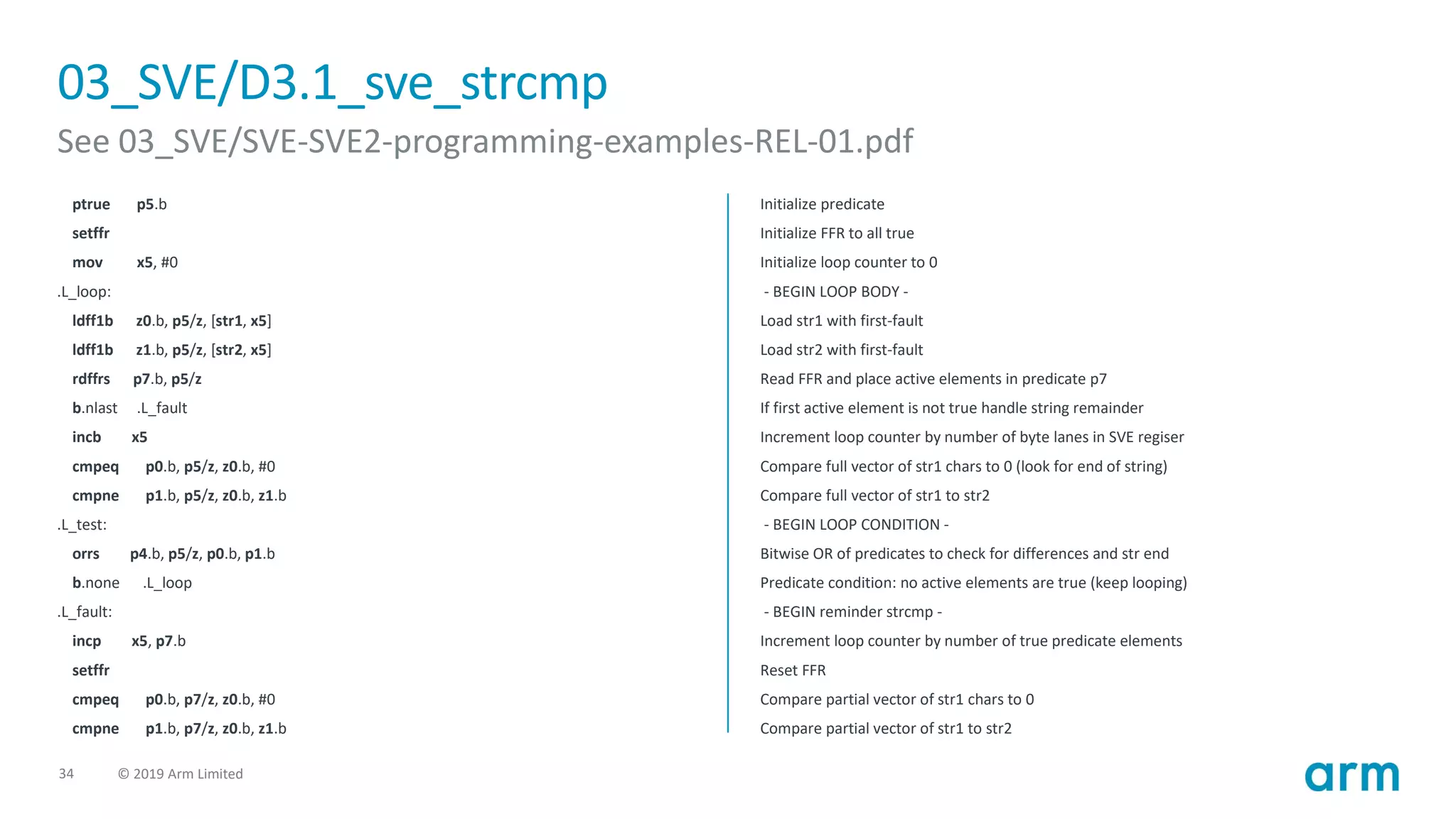 34 © 2019 Arm Limited
03_SVE/D3.1_sve_strcmp
See 03_SVE/SVE-SVE2-programming-examples-REL-01.pdf
ptrue p5.b
setffr
mov x5, #0
.L_loop:
ldff1b z0.b, p5/z, [str1, x5]
ldff1b z1.b, p5/z, [str2, x5]
rdffrs p7.b, p5/z
b.nlast .L_fault
incb x5
cmpeq p0.b, p5/z, z0.b, #0
cmpne p1.b, p5/z, z0.b, z1.b
.L_test:
orrs p4.b, p5/z, p0.b, p1.b
b.none .L_loop
.L_fault:
incp x5, p7.b
setffr
cmpeq p0.b, p7/z, z0.b, #0
cmpne p1.b, p7/z, z0.b, z1.b
Initialize predicate
Initialize FFR to all true
Initialize loop counter to 0
- BEGIN LOOP BODY -
Load str1 with first-fault
Load str2 with first-fault
Read FFR and place active elements in predicate p7
If first active element is not true handle string remainder
Increment loop counter by number of byte lanes in SVE regiser
Compare full vector of str1 chars to 0 (look for end of string)
Compare full vector of str1 to str2
- BEGIN LOOP CONDITION -
Bitwise OR of predicates to check for differences and str end
Predicate condition: no active elements are true (keep looping)
- BEGIN reminder strcmp -
Increment loop counter by number of true predicate elements
Reset FFR
Compare partial vector of str1 chars to 0
Compare partial vector of str1 to str2
 