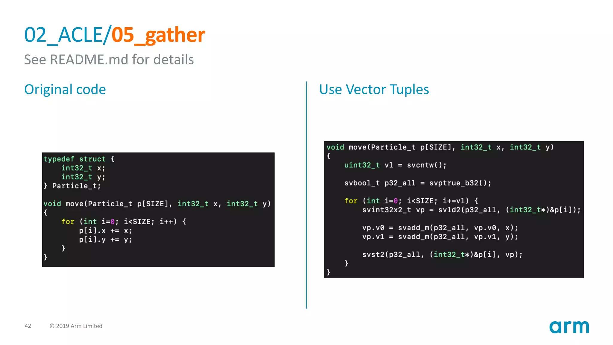 42 © 2019 Arm Limited
02_ACLE/05_gather
See README.md for details
Original code Use Vector Tuples
 