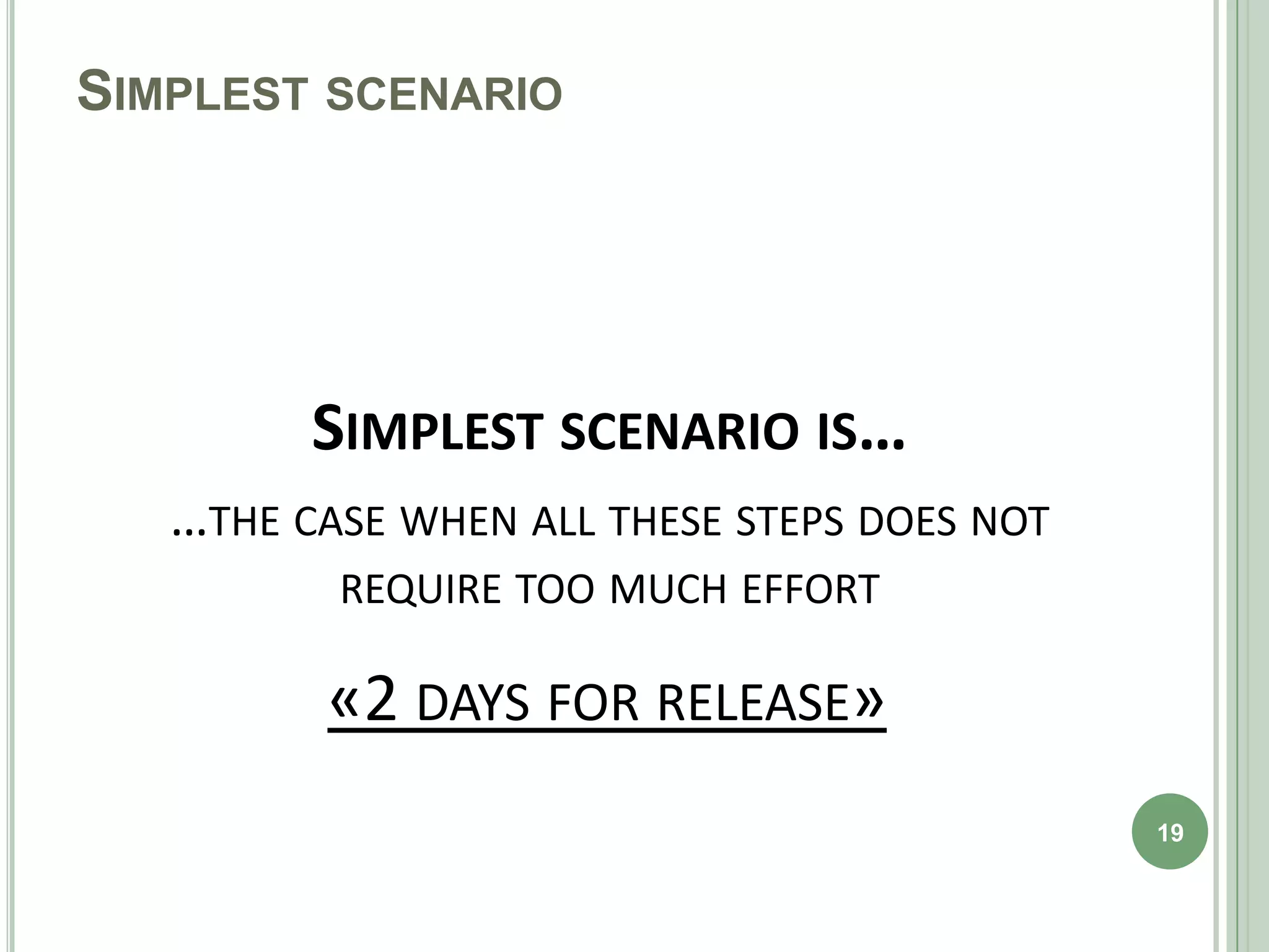 SIMPLEST SCENARIO




         SIMPLEST SCENARIO IS…
   …THE CASE WHEN ALL THESE STEPS DOES NOT
          REQUIRE TOO MUCH EFFORT

         «2 DAYS FOR RELEASE»
                                             19
 