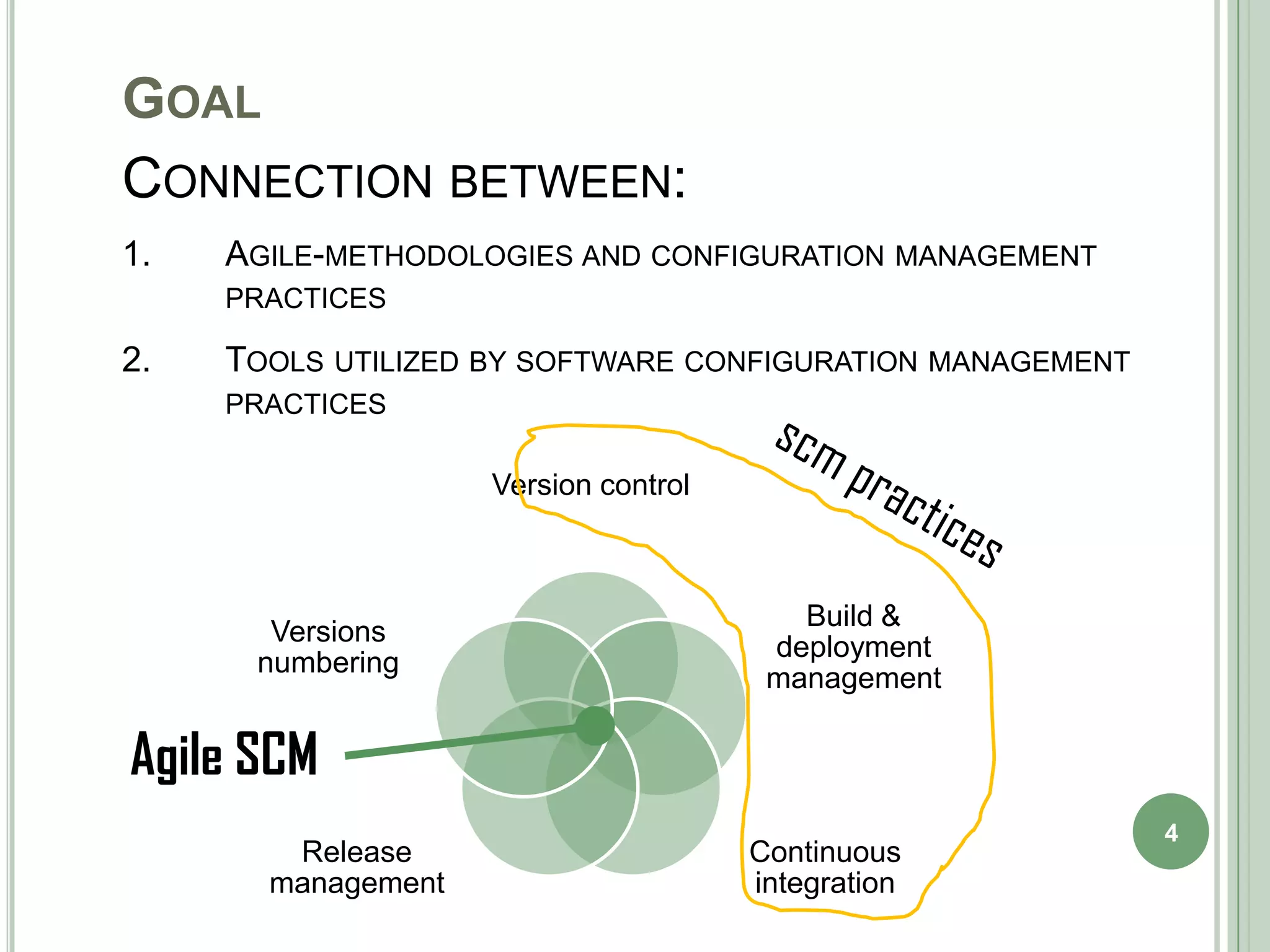 GOAL
CONNECTION BETWEEN:
1.   AGILE-METHODOLOGIES AND CONFIGURATION MANAGEMENT
     PRACTICES

2.   TOOLS UTILIZED BY SOFTWARE CONFIGURATION MANAGEMENT
     PRACTICES

                    Version control



                                         Build &
       Versions
                                       deployment
      numbering
                                       management

Agile SCM
                                                           4
        Release                       Continuous
       management                     integration
 