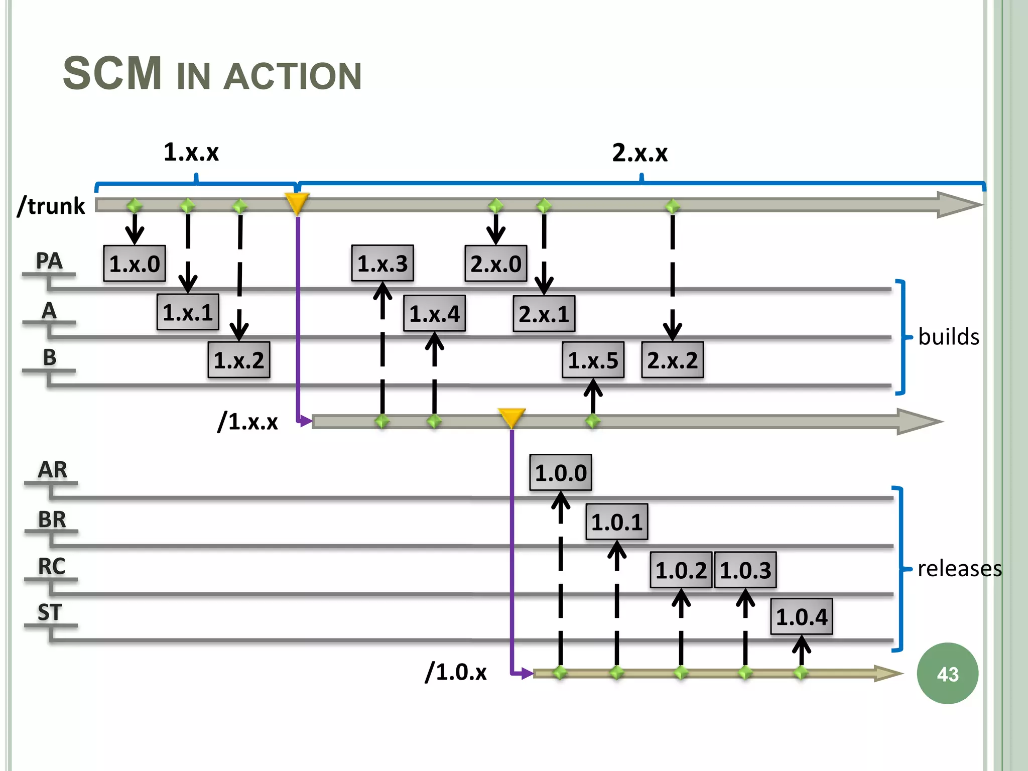 SCM IN ACTION
                 1.x.x                                              2.x.x
/trunk

 PA      1.x.0                    1.x.3           2.x.0
  A              1.x.1                    1.x.4       2.x.1
                                                                                                builds
  B                  1.x.2                                   1.x.5        2.x.2

                         /1.x.x
 AR                                                       1.0.0
 BR                                                               1.0.1
 RC                                                                       1.0.2 1.0.3           releases
 ST                                                                                     1.0.4

                                           /1.0.x                                                43
 