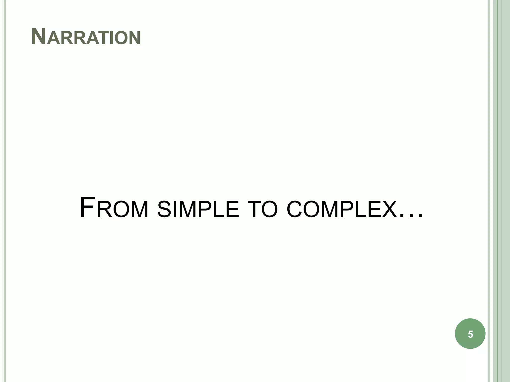 NARRATION




   FROM SIMPLE TO COMPLEX…



                             5
 