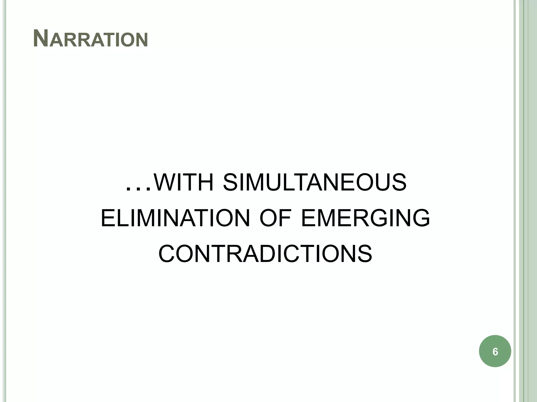 NARRATION




       …WITH SIMULTANEOUS
     ELIMINATION OF EMERGING
         CONTRADICTIONS


                               6
 